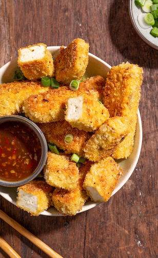 Como cocinar tofu, palitos de tofu empanados con salsa agridulce